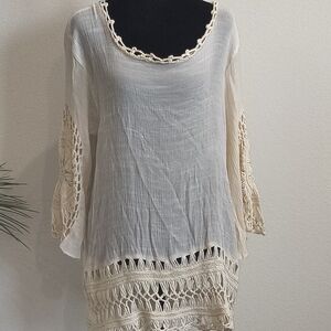 Boho Crochet-Trim Cream Gauze Blouse